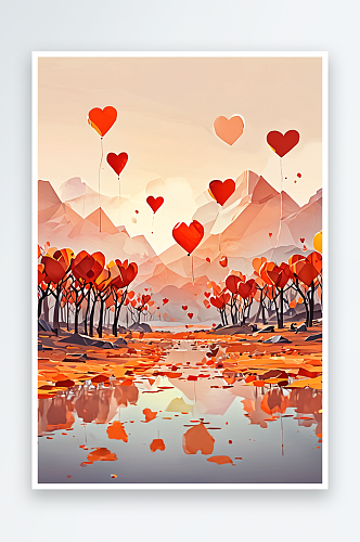 竖幅水彩背景橙红桃色山水画
