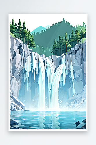 森林山间的一条瀑布在流动插画背景