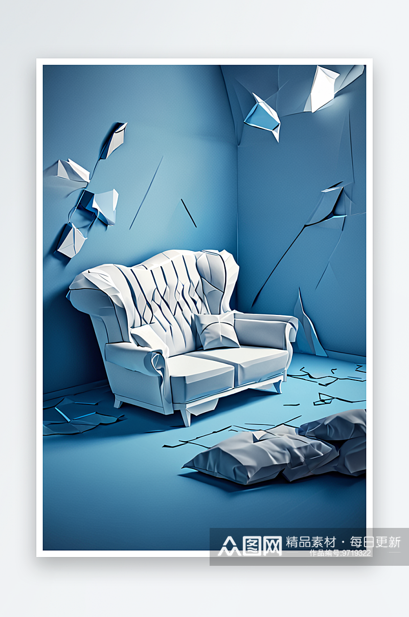 蓝色房间内的白色沙发素材