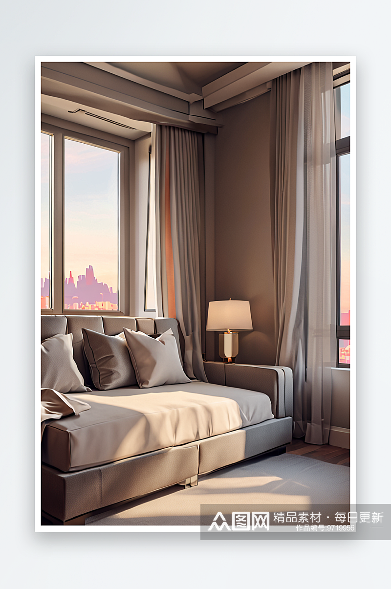 豪华酒店卧室内部靠窗现代沙发素材