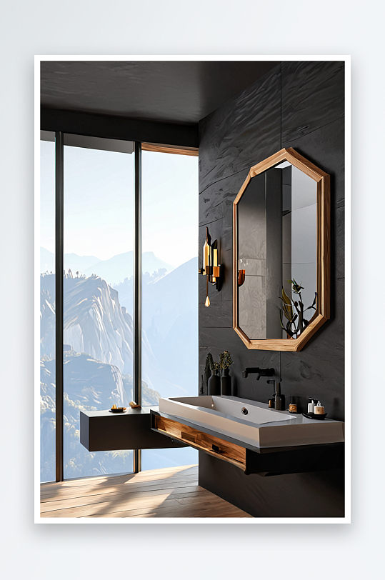 豪华的现代家庭水疗浴室与哑光黑色堆叠墙和