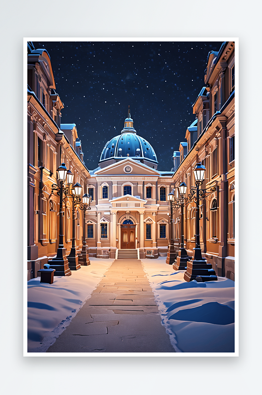 古典建筑雪景夜景