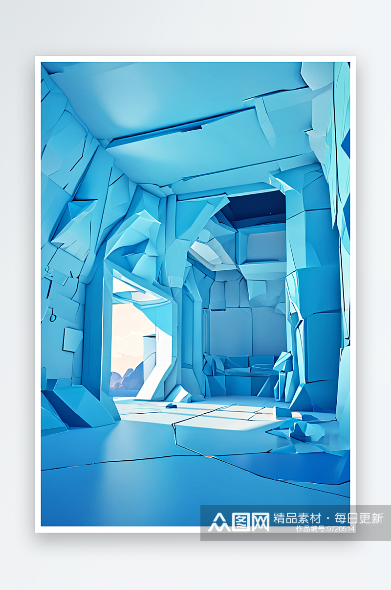 淡蓝色室内空间场景渲染素材