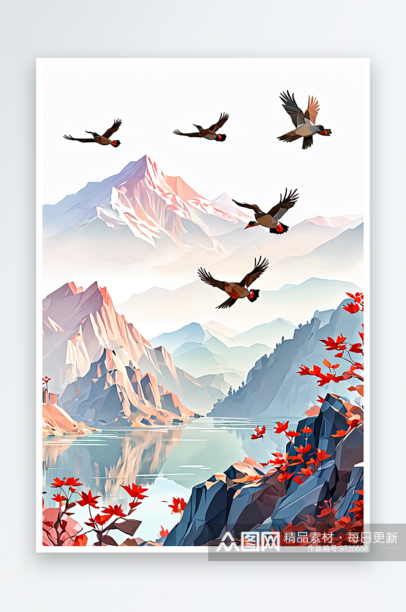 春夏天水彩风景画野鸭子麻雀红叶山色素材