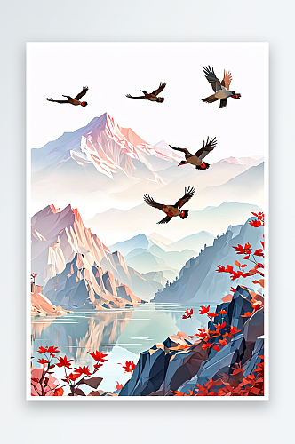 春夏天水彩风景画野鸭子麻雀红叶山色