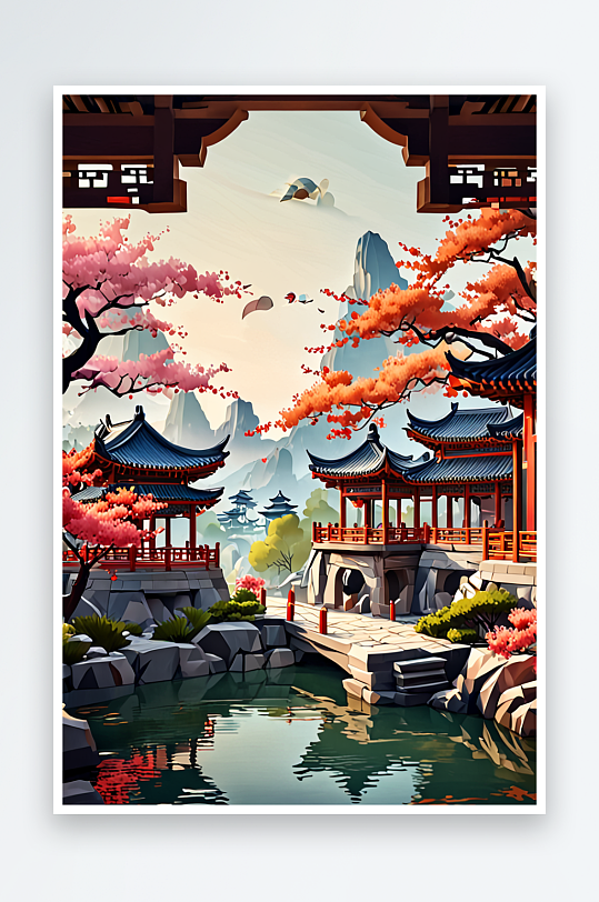 春天中傳統(tǒng)山水畫亭臺樓閣新中式潮風(fēng)格壁紙