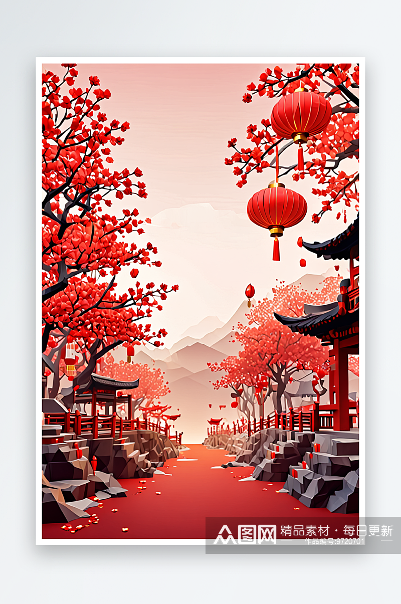 传统春节背景红色庆祝灯笼建筑素材