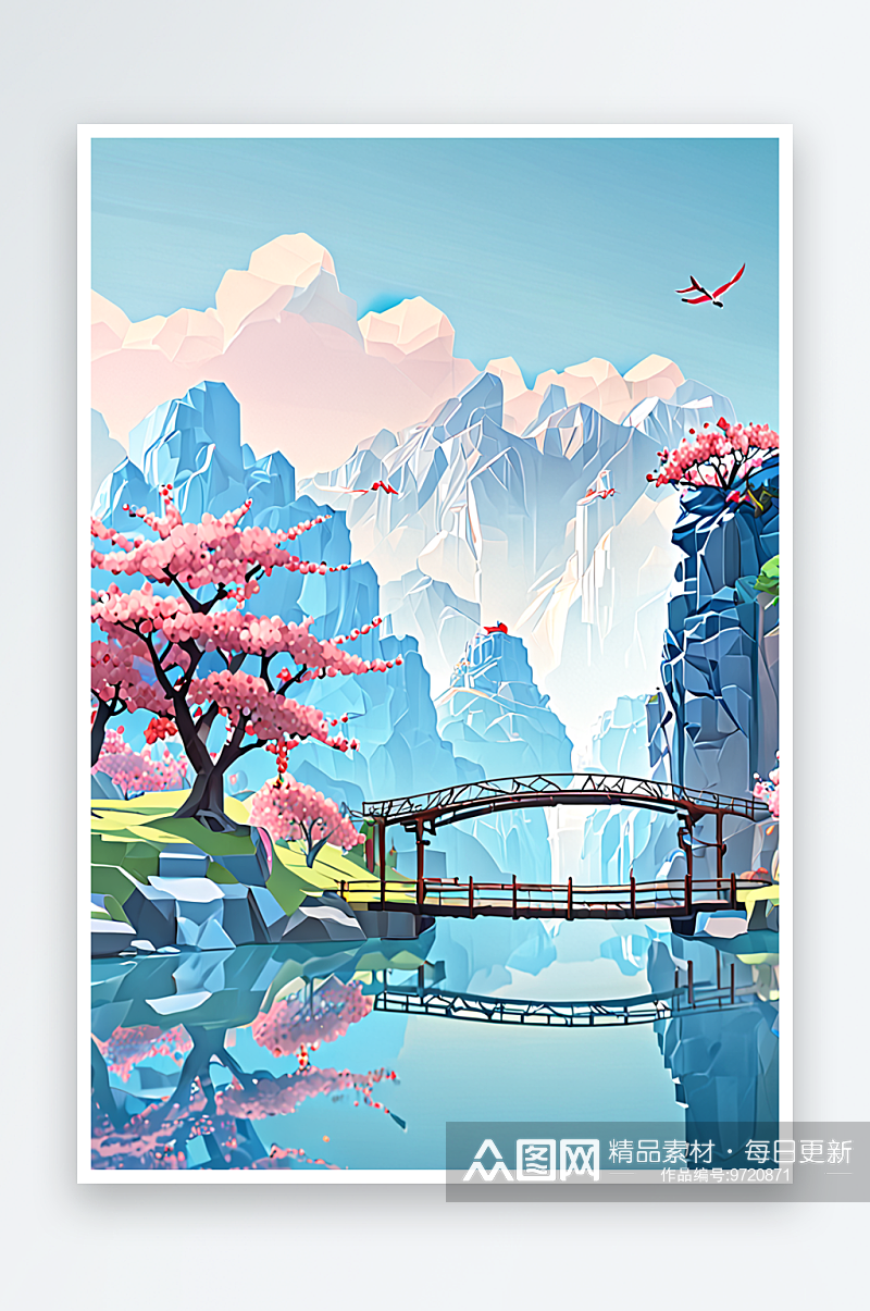 插画风景桃花树仙鹤桥蓝色瀑布飘落旅游目的素材