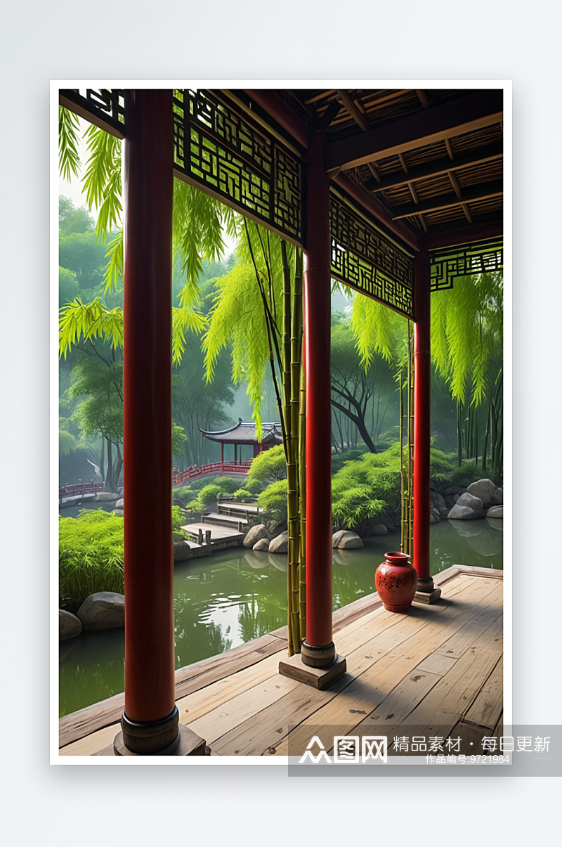中式长廊与竹叶江南园林景观设计素材