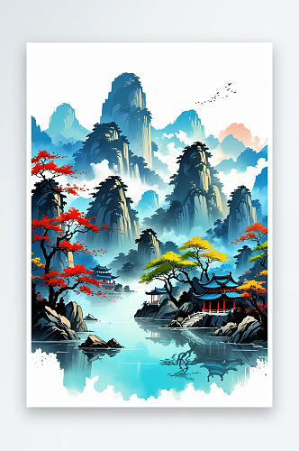中国画风格山水风景