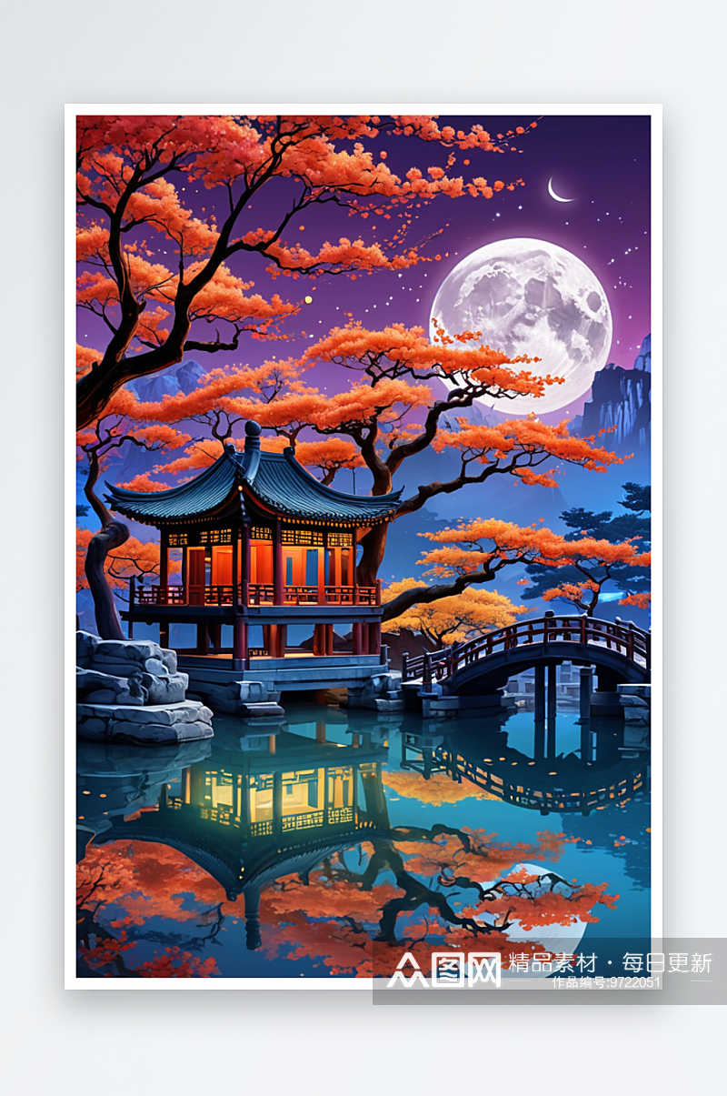 中国国潮新中式现代复古风夜色树月亮楼阁竖素材