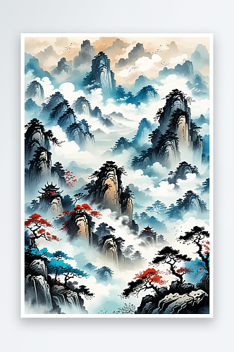 中国古画高山云雾水墨画