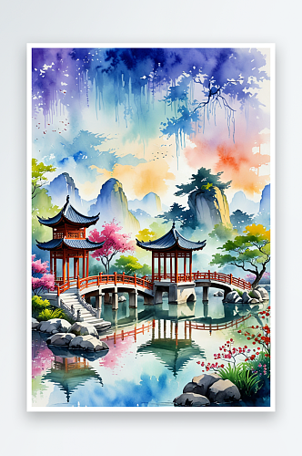 中国风园林亭台楼阁水彩画
