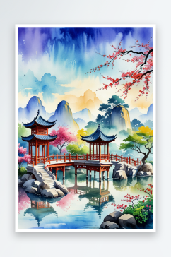 中国风亭台楼阁园林水彩画
