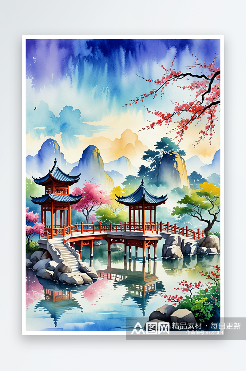 中国风亭台楼阁园林水彩画素材