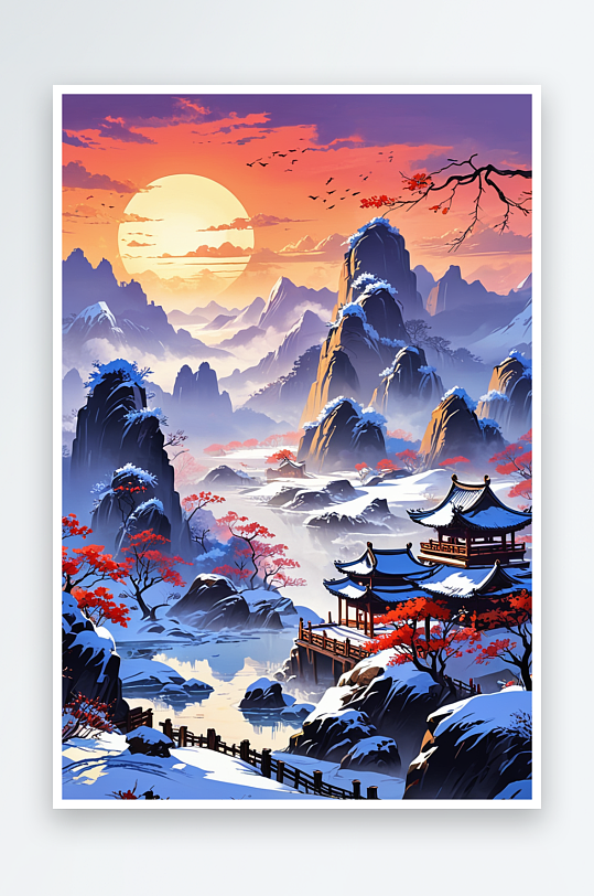 中国风山水画冬季风景