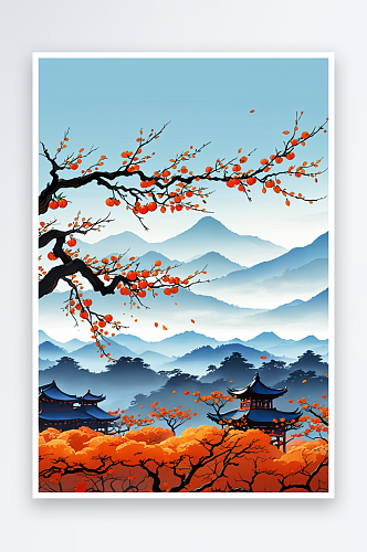 中国风秋天柿子树手绘插画