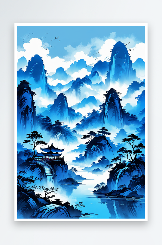 中国风蓝色水墨山水画层叠风景插画