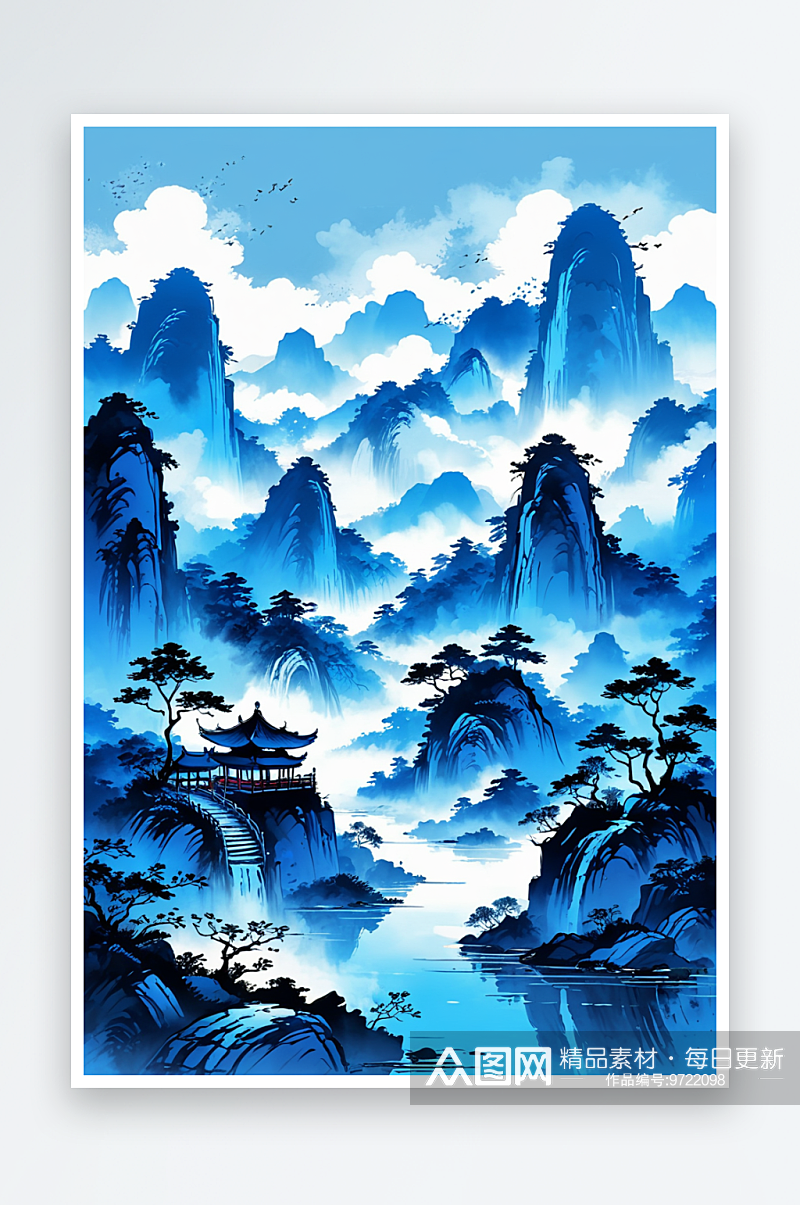 中国风蓝色水墨山水画层叠风景插画素材