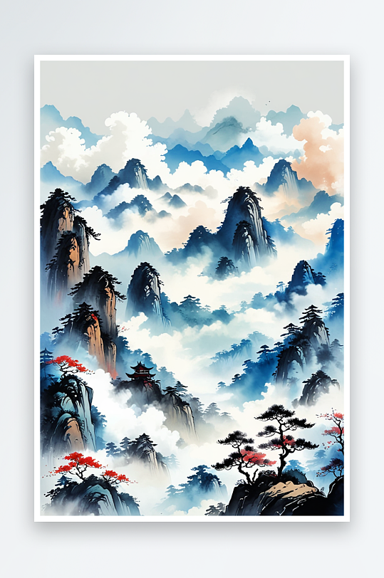 中国传统水墨画胡泊山云雾