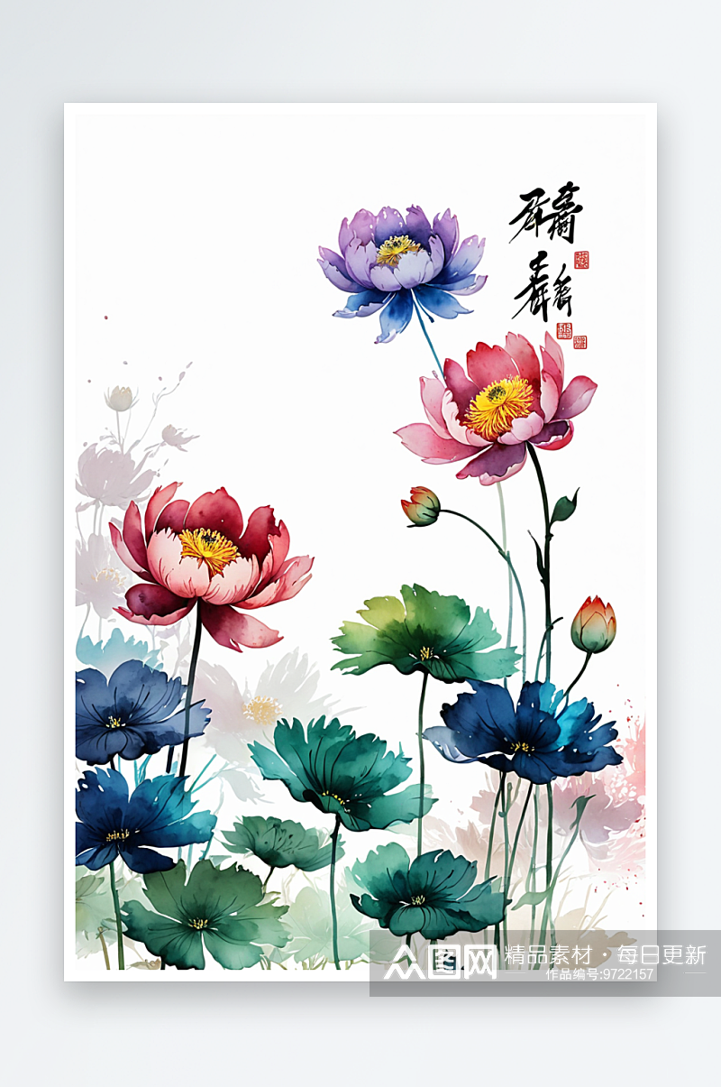 中国彩色写意水墨画牡丹荷花手机竖版素材
