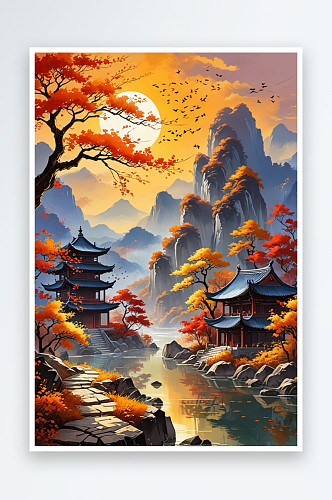 新中式油画山水画国潮风秋天节气插画背景