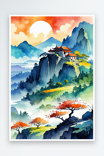 小清新水彩风格古风风景插画山水