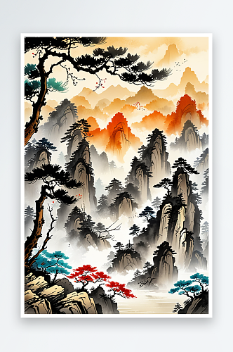 唯美山川悬崖松树中国风水墨画