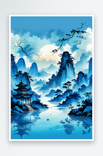 竖幅背景蓝色中国山水水墨画