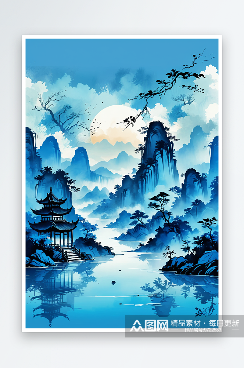 竖幅背景蓝色中国山水水墨画素材