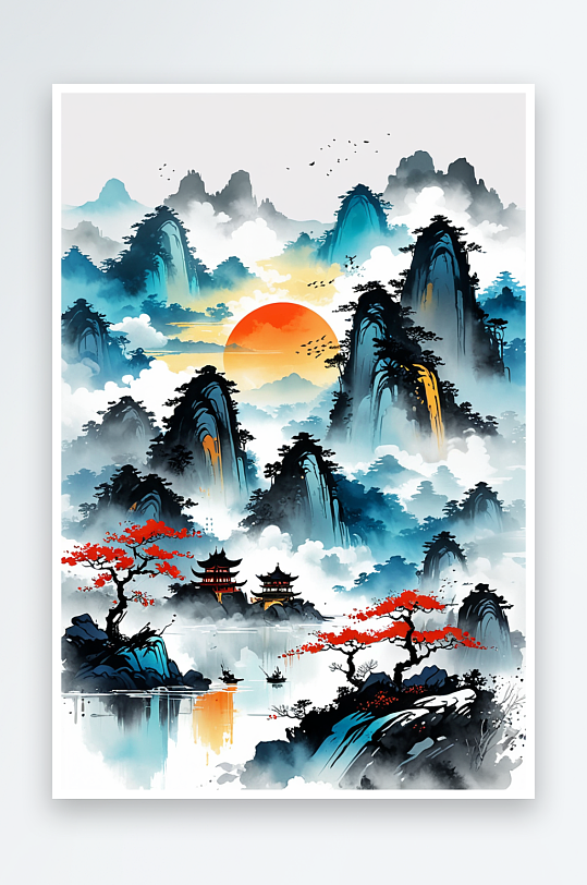 手绘中国风意境水墨山水画