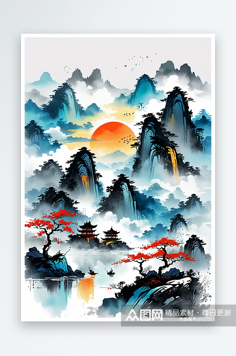 手绘中国风意境水墨山水画素材