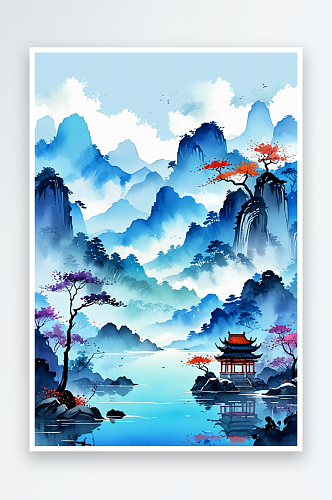 手绘中国风小清新水彩风格山水风景插画