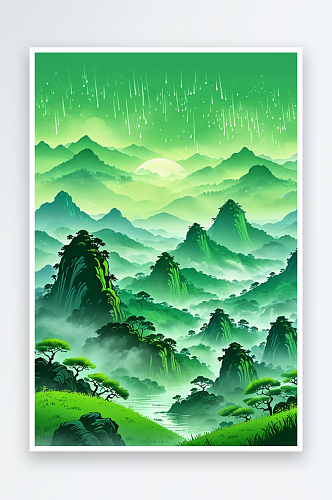 清明节烟雨缭绕的群山背景春天夏天雨季中国