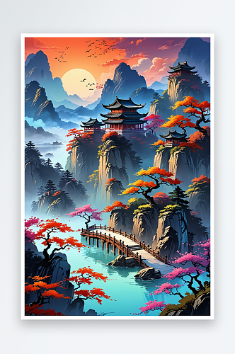 绝美新中式国风绘画国画风格的山水场景