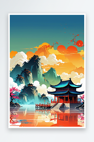 国潮风格中国传统文化建筑山水插画