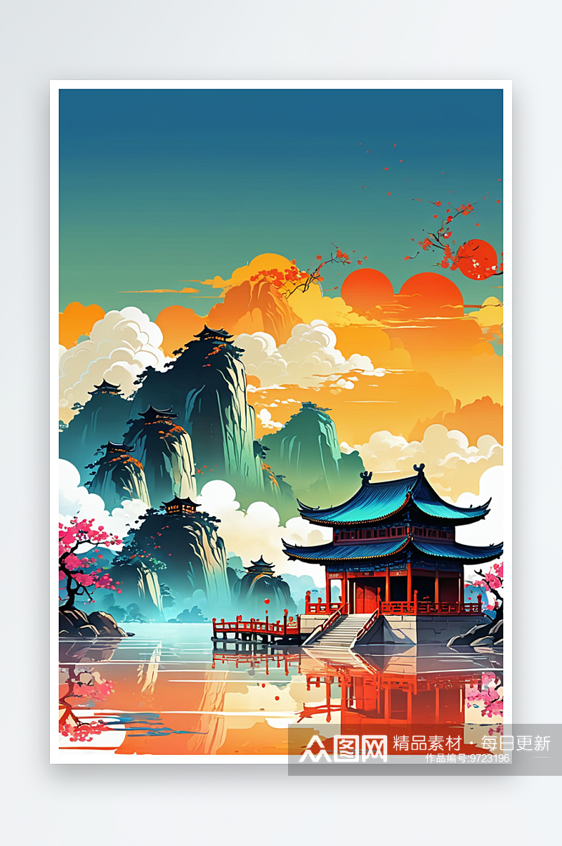 国潮风格中国传统文化建筑山水插画素材