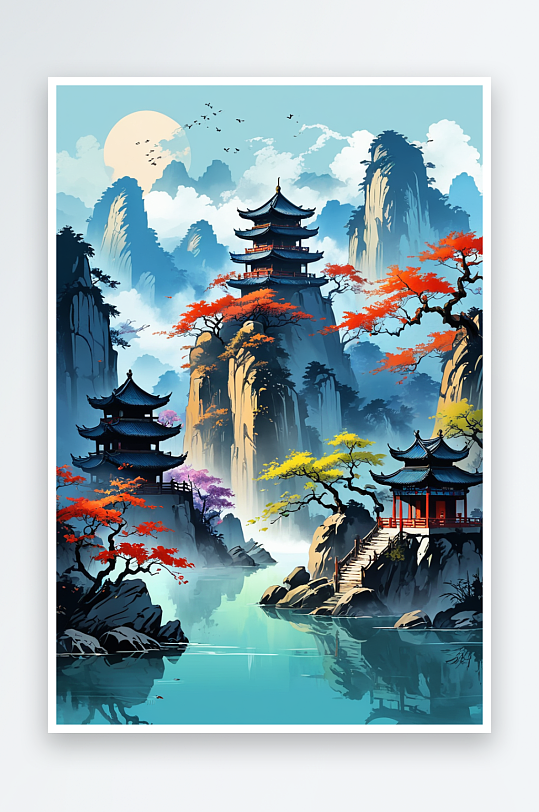 国潮风的中国画风格风景画
