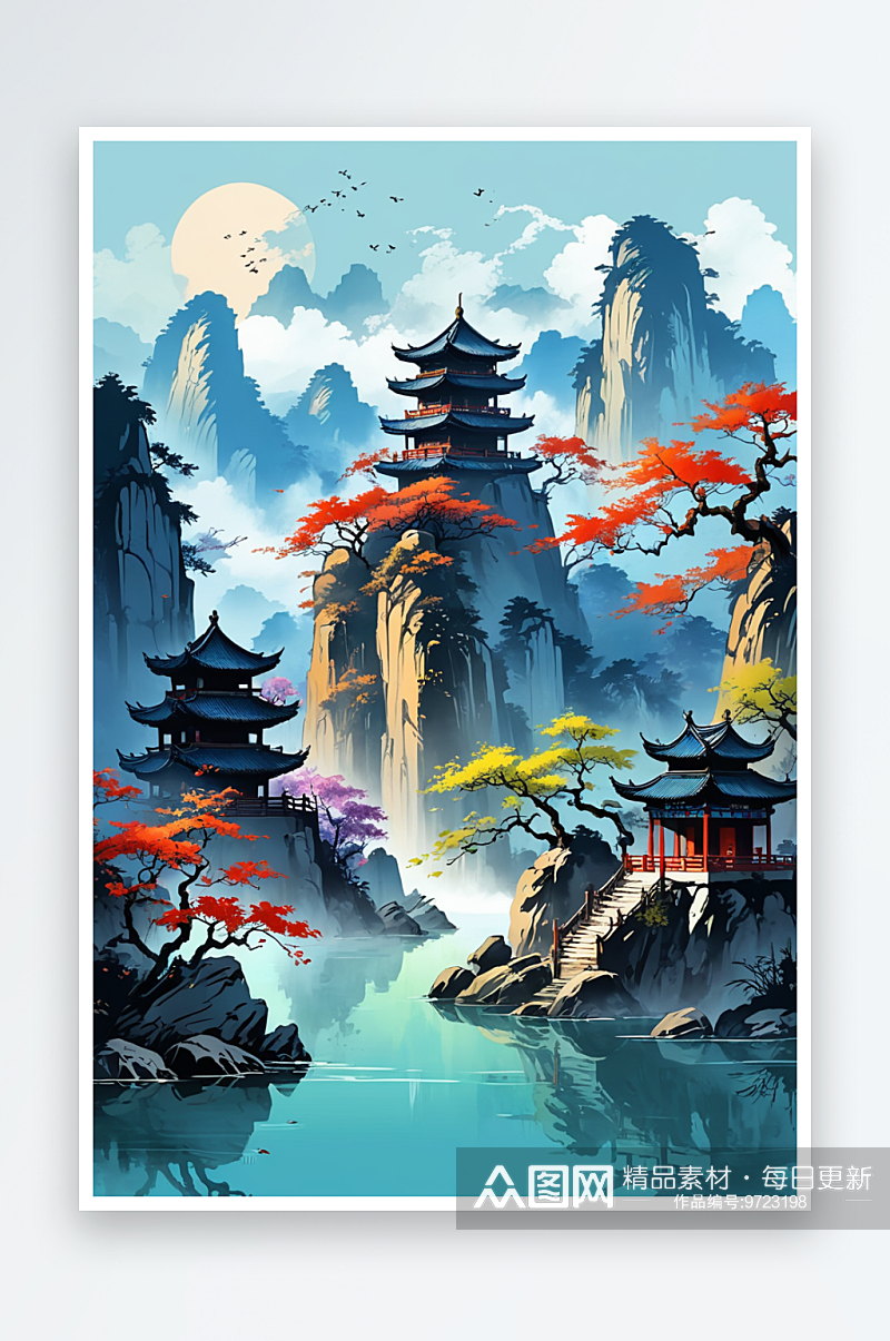 国潮风的中国画风格风景画素材