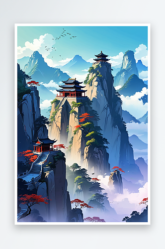 高山处伫立中国古代建筑的唯美意境插画