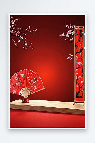 灯笼红色折扇中国风春节产品展示台创意图