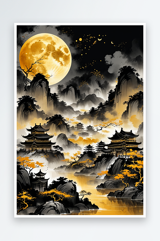 传统中国画背景金色黑色山水水墨月亮