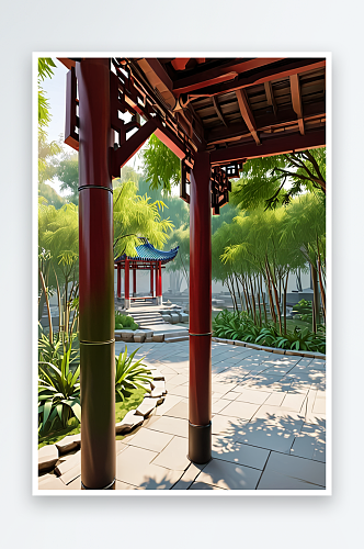 中式长廊与竹叶江南园林景观设计