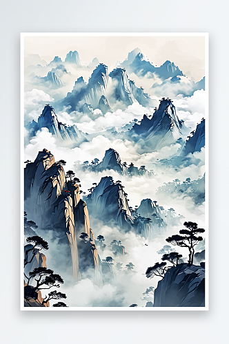 中古画高山云雾水墨画