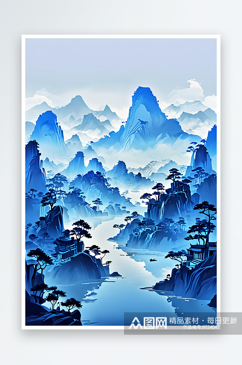 中风蓝色水墨山水画层叠风景插画素材