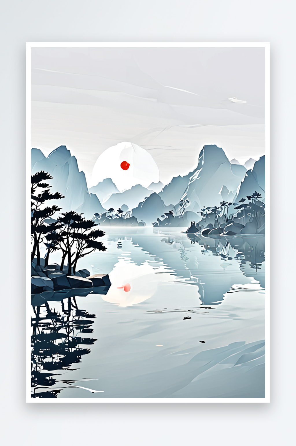 中风极简水湖边的太阳墨画素材