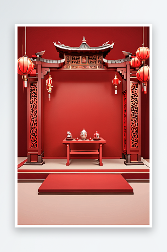 新中式家居红色喜庆展台背景