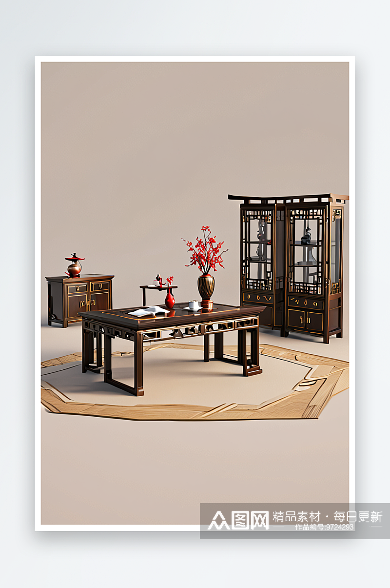 新中式风格雅致极简主义轻奢明式家具书房素材