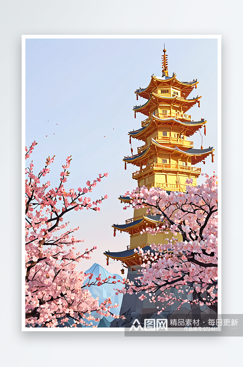武汉市的黄鹤楼周围樱花正盛开插画背景素材