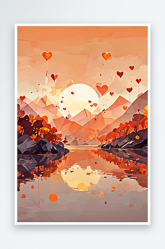 竖幅水彩背景橙红桃色山水画